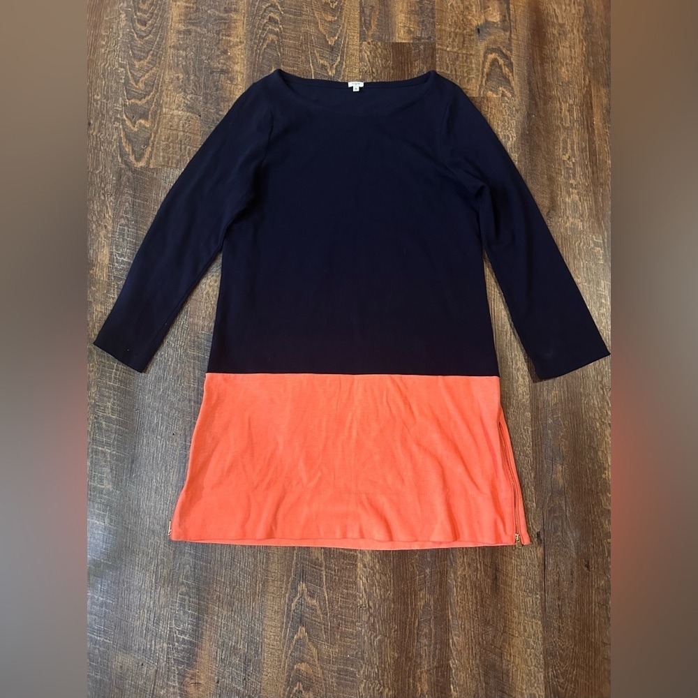J. Crew Navy Blue Coral Cotton Long Sleeve Side Zip Shift Dress Size Medium